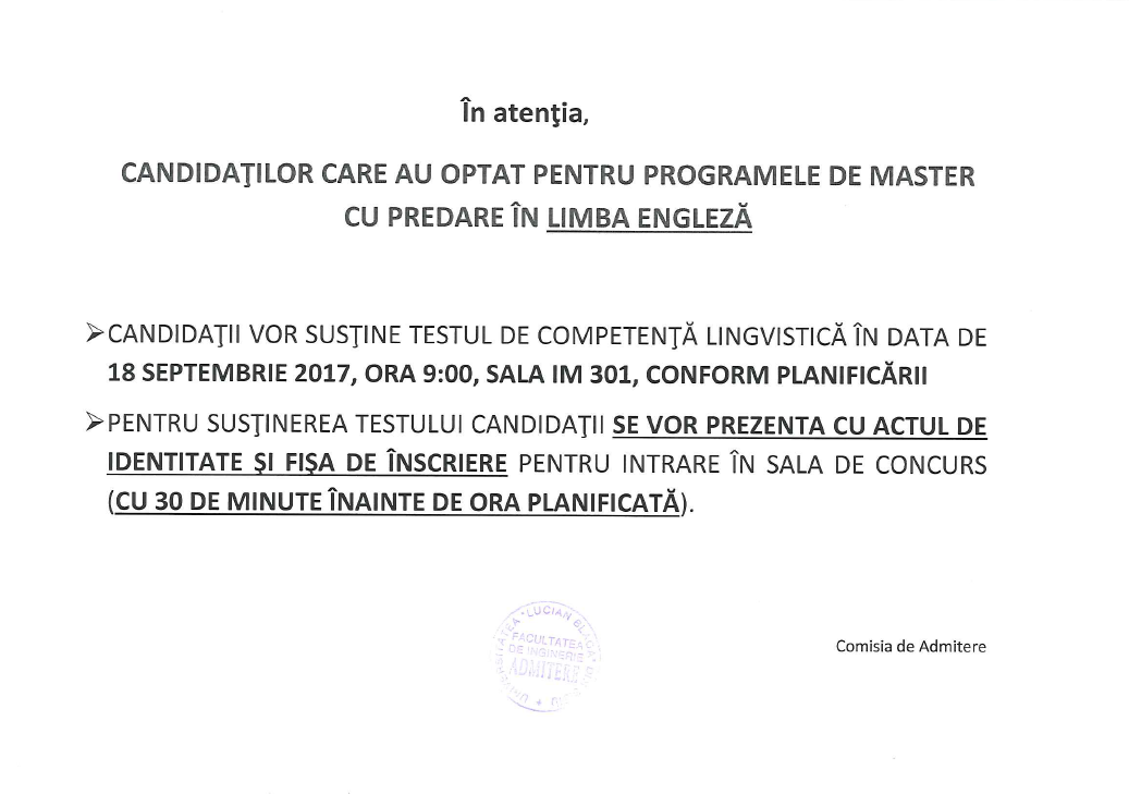 Anunt Candidați Limba Engleză